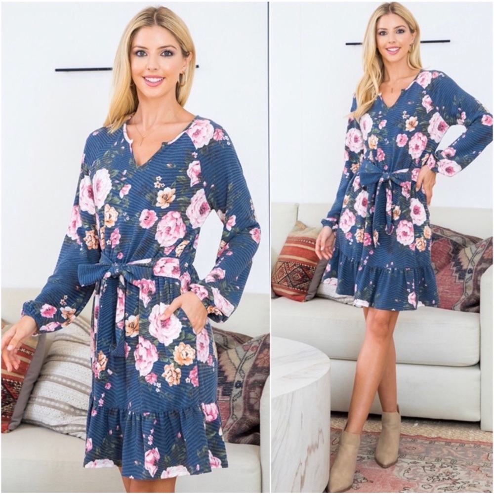 3 total- Dark Navy Notch Neck Long Sleeve Floral Tie Waist Spring Dress - Picture 2 of 3